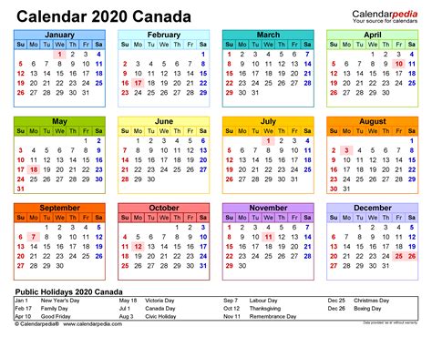 Canada Calendar 2020 - Free Printable PDF templates