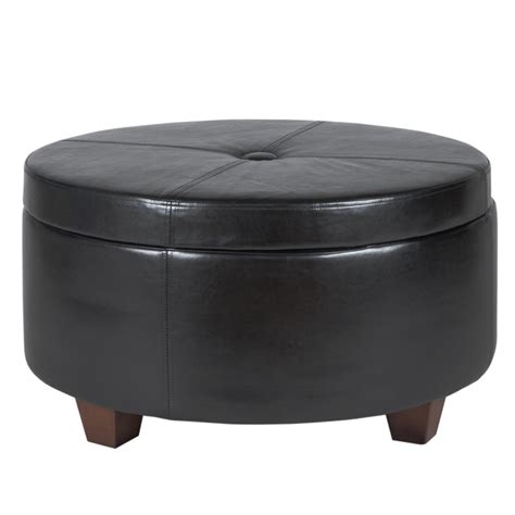 Large Round Button Top Storage Ottoman Black Faux Leather — Homepop