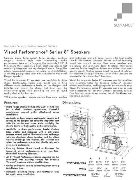 SONANCE VISUAL PERFORMANCE SERIES 8 SPECIFICATION SHEET Pdf Download | ManualsLib