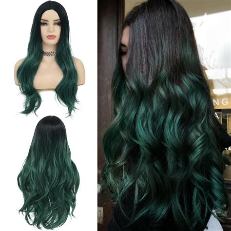 Amazon Swiking Ombre Green Long Curly Womens Wigs Dark Roots Wavy