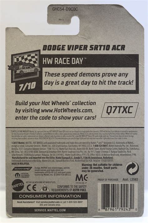 Plus Hot Wheels Dodge Viper SRT ACR HW Race Day GHC A Bonus Hot Wheel Push Pull Toys