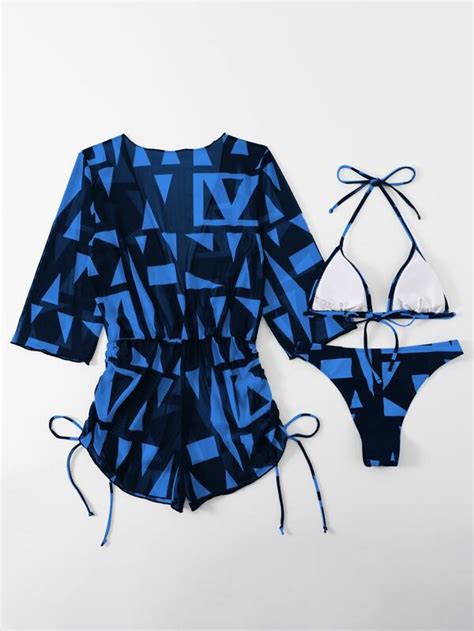 Shein Swim Vcay 3pack Geo Print Halter Bikini Swimsuit And Cover Up