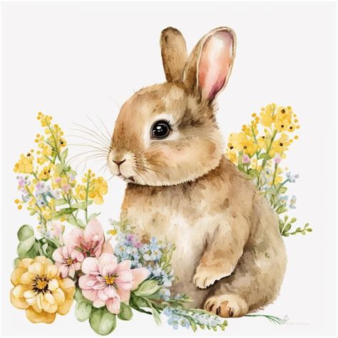 Premium Photo A Watercolor Painting Of A Bunny And Flowers