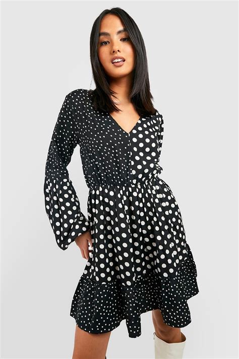 Mix Print Polka Dot Smock Dress Boohoo Uk