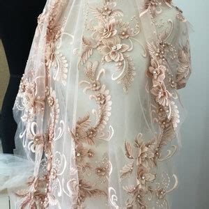 3D Rhinestone Beaded Blossom Lace Fabric In Peach Pink Haute Couture