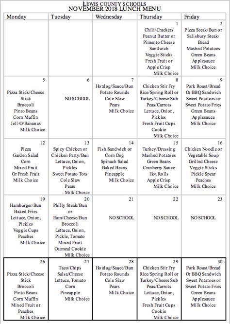 Lewis County Schools Lunch Menu November 2018 – The Lewis County Herald