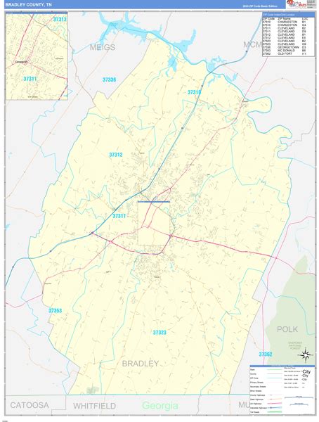 Bradley County, TN Zip Code Wall Map Basic Style by MarketMAPS - MapSales