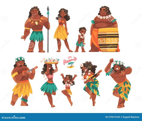 Hawaiian People Character With Lei Garland Or Wreath Playing Ukulele