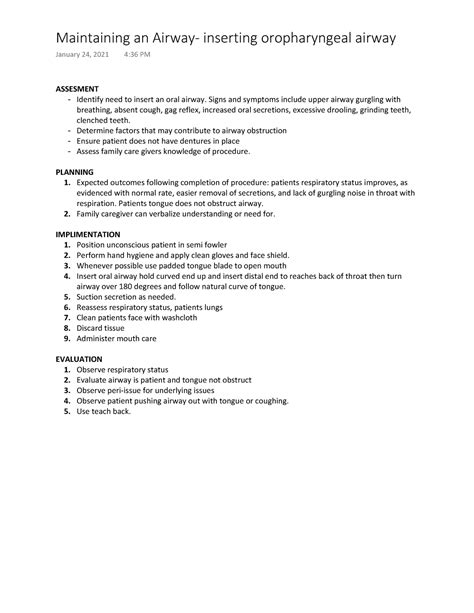 Maintaing an airway- inserting an oral airway - ASSESMENT Identify need to insert an oral airway ...