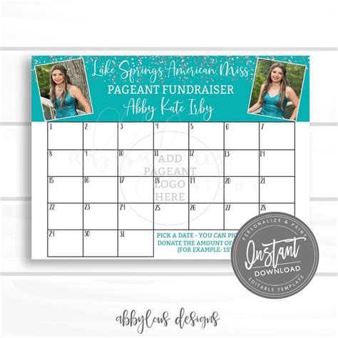 Editable Pageant Fundraiser Calendar Pick A Date To Donate Printable