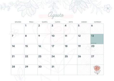 Calendario Mensal Flores Aquarela Agosto Fazendo A Nossa Festa