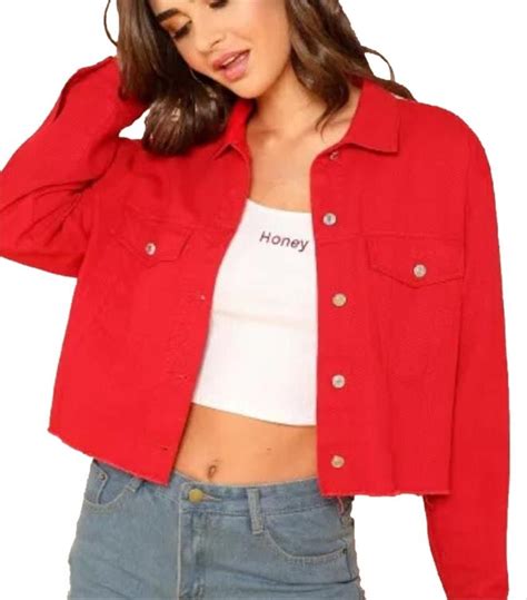 Red Crop Jacket Size 4 S Red Crop Jacket Red Denim Jacket Long Sleeves Jacket