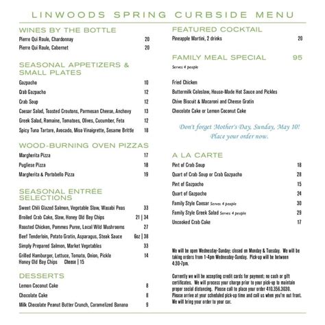 Menu at Linwoods restaurant, Owings Mills