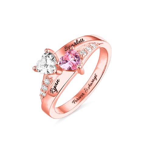 Engraved Double Heart Birthstone Ring In Rose Gold Getnamenecklace