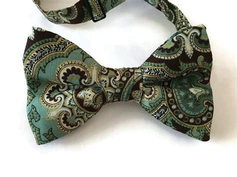 Handmade Pre Tied Bow Tie Brown Teal Paisley Design With Etsy Pre