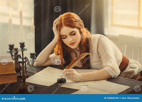 Medieval Red Haired Woman Writer Holds Pen Feather Quill In Hands Sits