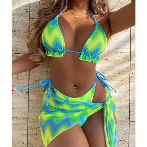 Sexy Green Y2K Bikini Set 3pieces Bra Thong Skirts Set 2024 Womens Halter Swimwear Bathing Suit
