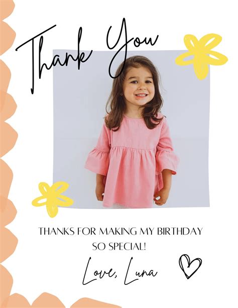 Editable Kids Birthday Thank You Card Colorful Kids Birthday Thank