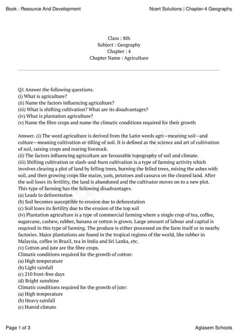 NCERT Solutions For Class 8 Geography Chapter 3 Agriculture Question