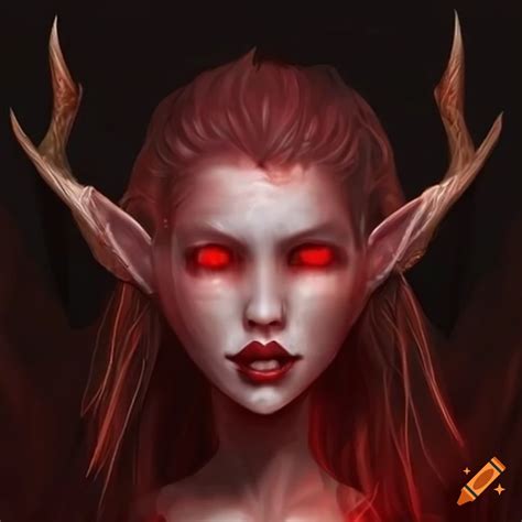 Digital Art Of A Mysterious Elf With Sharp Fangs And Glowing Red Eyes