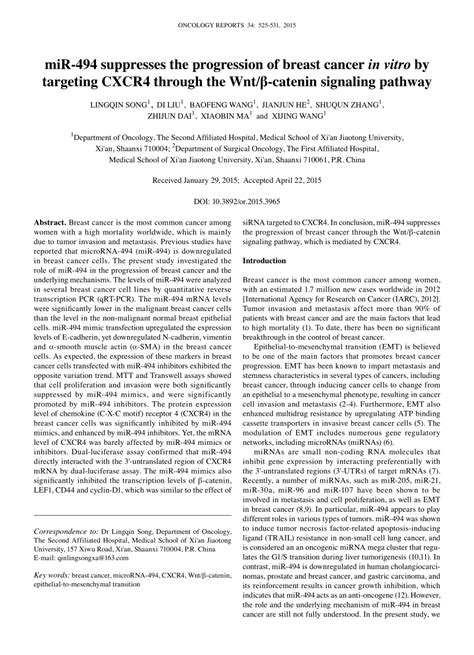 Pdf Mir Suppresses The Progression Of Breast Cancer In Vitro By