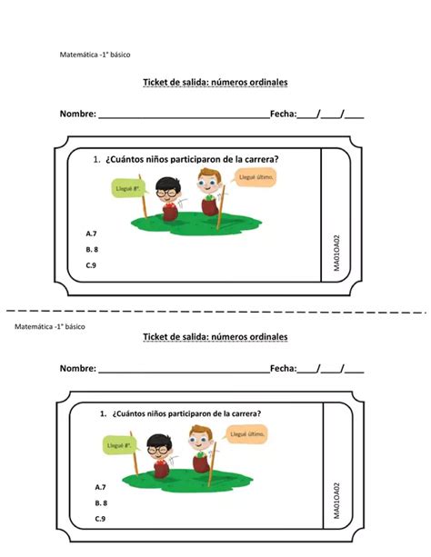 Ticket De Salida N Meros Ordinales Profe Social