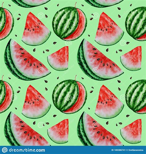 Watermelon Slice Fruit Seamless Patterns Watercolor Hand Drawn Illustration Fresh Healthy Food