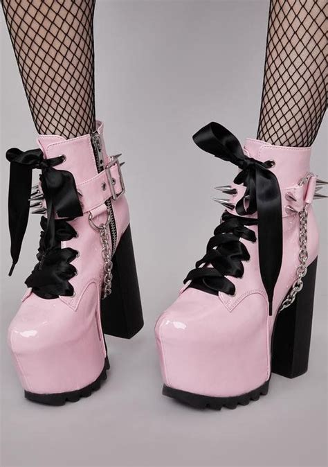 Widow Patent Faux Leather Platform Boots With Spiked Straps Pink