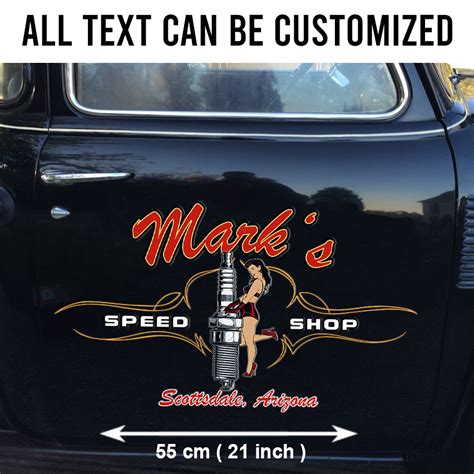 2 Pcs Personalized Pinup Girl Spark Plug Hot Rod Garage Pinstriping Set 02 Vinyl Stickers