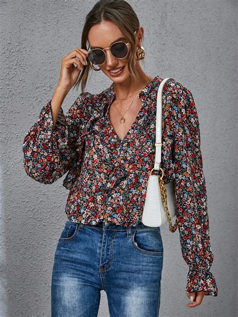 Ditsy Floral Flounce Sleeve Blouse Shein Usa Floral Blouse Outfit