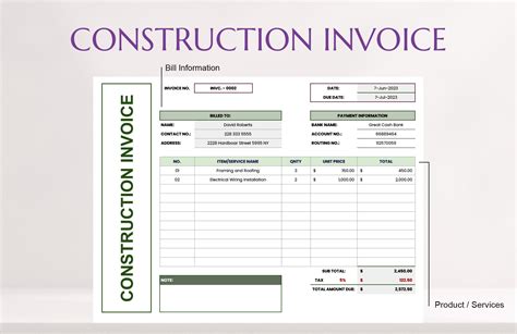 Construction Invoice Template in Excel, Google Sheets - Download | Template.net