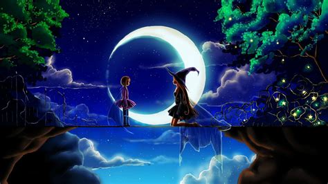 Girl and witch wallpaper, anime, anime girls, night, sky HD wallpaper | Wallpaper Flare