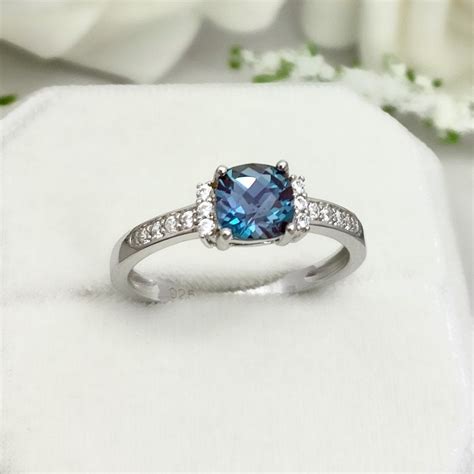 Cushion Cut Alexandrite Engagement Ring Round Simulated Diamond Ring Sterling Silver Wedding ...