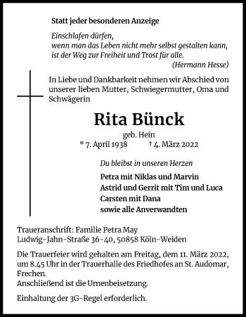 Traueranzeigen von Rita Bünck WirTrauern