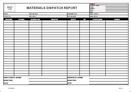 A Printable Data Sheet For The Materials Dispatch Report