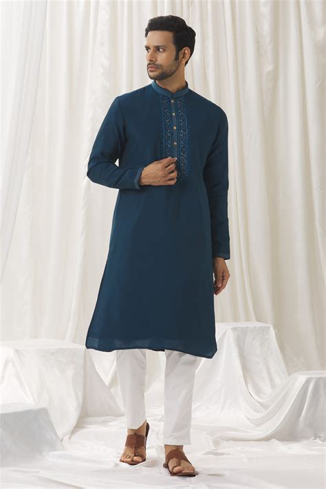 Buy Blue Kurta Silk Embroidered Thread With Pant For Men By Alaya