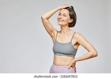 Minimal Waist Portrait Carefree Mature Woman Stock Photo