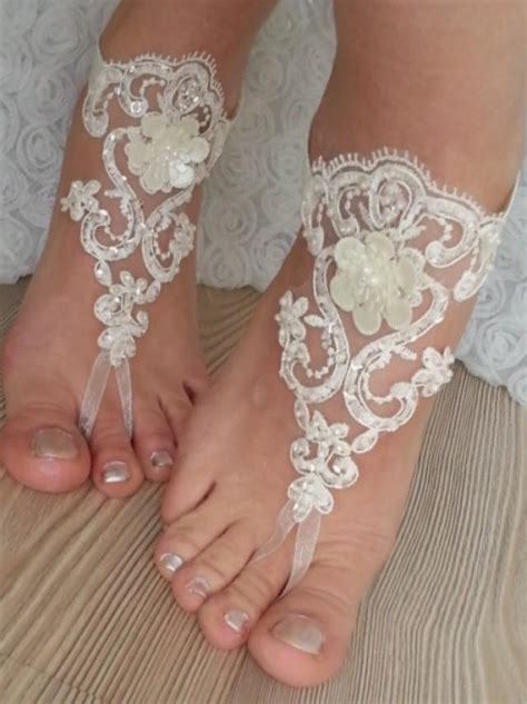 Ivory Barefoot French Lace Sandals Wedding Anklet Beach Wedding