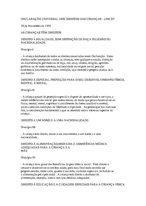 Declaração Universal Dos Direitos Da Criança - Declaração Universal dos Direitos da Criança - UNICEF 1959 - Studocu