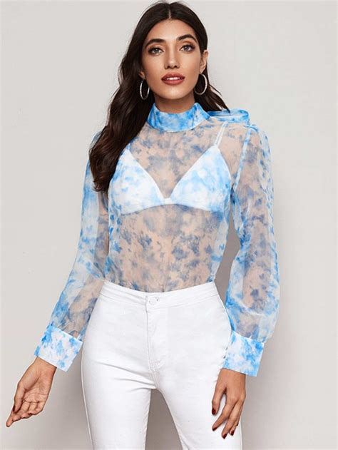 Tie Dye Tie Back Sheer Organza Blouse Without Bra