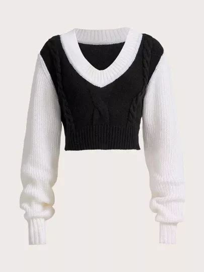 Shein Ezwear Two Tone Cable Knit Crop Sweater Artofit