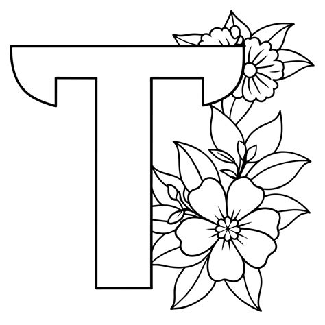 Alphabet T Coloring Page With The Flower T Letter Digital Outline