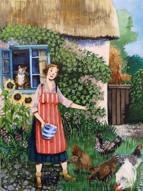 A Painting Of A Woman Holding A Bucket In Front Of Chickens And Cats