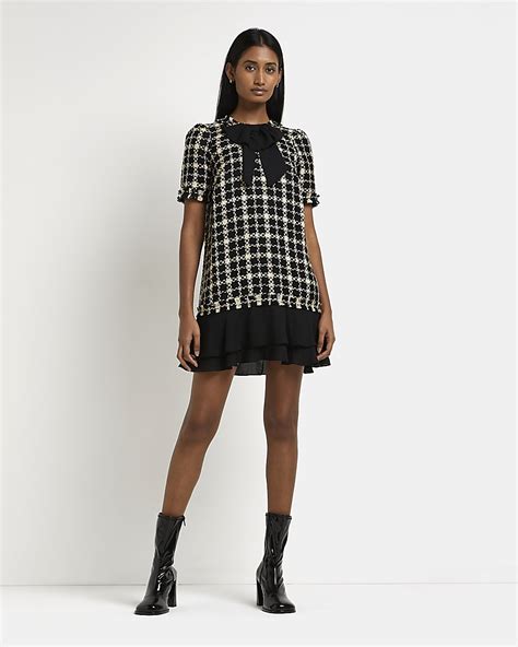 Black Boucle Mini Dress River Island