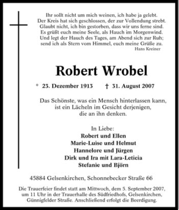 Traueranzeigen Von Robert Wrobel Trauer In NRW De