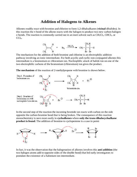 Addition Of Halogen To Alkenes Organic Chemistry 1 Chem 321 Docsity