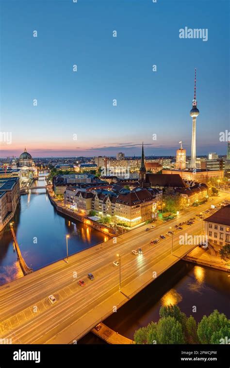 Berlin city centre with the TV tower at night Stock Photo - Alamy