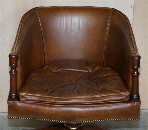 VINTAGE HAND DYED AGED BROWN LEATHER CAPTAINS SWIVEL ARMCHAIR