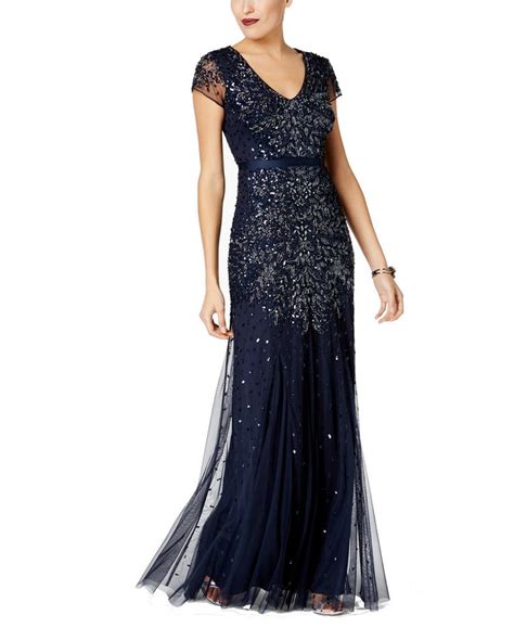 Adrianna Papell Midnight Adr Beaded Cap Sleeve Embellished Gown Long