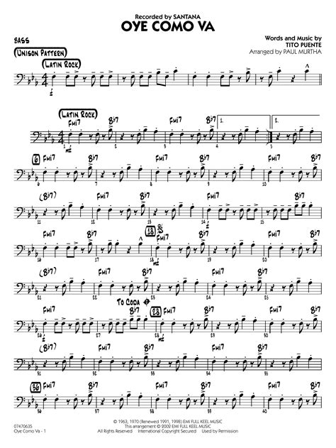 Oye Como Va Arr Paul Murtha Bass By Santana Sheet Music For Jazz